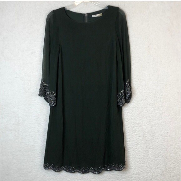 Alice + Olivia Frieda Embellished Trim Beaded Silk Dress Medium Womens Green - Picture 1 of 16